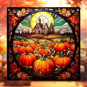 Autum Fall Scene Suncatcher Goth House Halloween Sun Pumpkin Hanging In/Outdoor